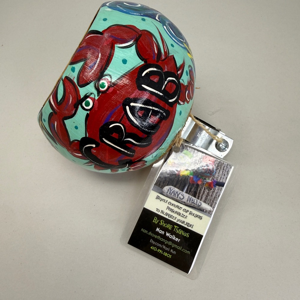 Nans Nuts by Shore Thangs Hand Painted Coconut Bicycle Cup Holder Hot Crab Teal